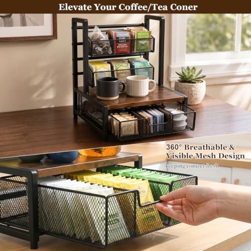 3 Tier Coffee Station Organizer with Drawer and Hanging Baskets, Wood & Metal Large Capcity Coffee Bar Organizer for K Cups, Coffee Pods, Tea Bags, Sugar Packets, Countertop Storage Rack