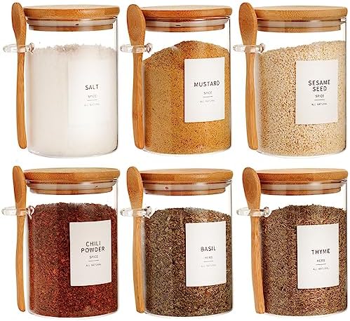 6 Pcs Glass Jar with Bamboo Lid and Spoon - 17 oz Large Sugar Container with 148 Kitchen Pantry Spice Jar Labels Preprinted - Glass Containers with Wooden Lids Hold Coffee, Tea, Candy