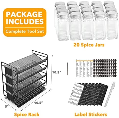 Pull Out Spice Rack Organizer with 20 Jars, Heavy Duty Slide Out Seasoning Organizer for Kitchen Cabinets, with 801 Labels and Chalk Marker, Left Facing