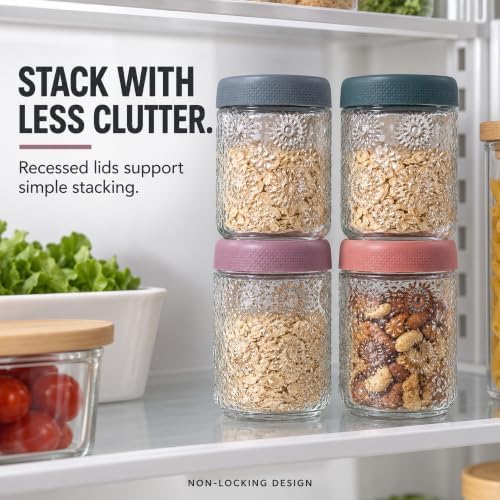 SunBloom 6 Pack 16 oz Sunflower Glass Overnight Oats Jars with Lids, Embossed Floral Food Storage Containers for Yogurt, Oatmeal, Salad, Coffee and Spices