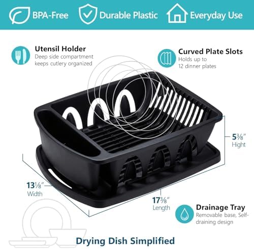 Sink Dish Drying Rack, Heavy Duty Hard Plastic Drying Rack, Dish Drainer for Kitchen Counter with Drainboard Set, with Silverware Holder - 18 x 13 x 6 (Black) - Made in USA