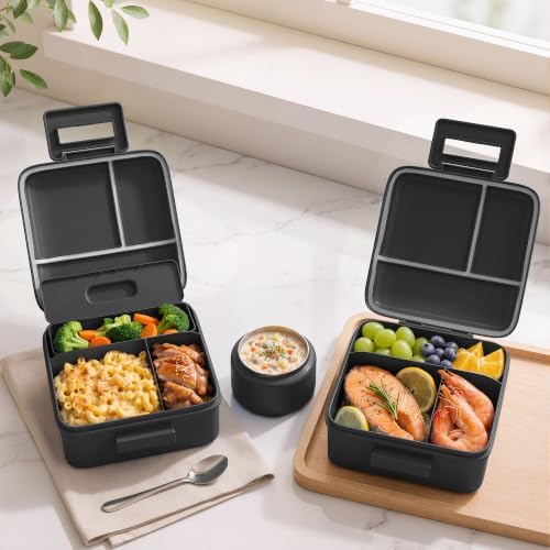 Bento Lunch Box with 8oz Soup Thermo and Insulated Lunch Bag, Kids Leakproof Lunch Food Containers with 5 Compartment, Boys Girls Thermo Hot Food Jar for Travel, School, BPA Free (Black)