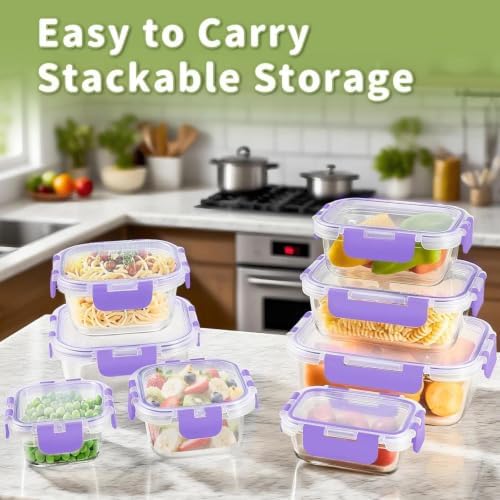 8 Pack Glass Food Storage Containers with Snap Locking Lids for Meal Prep