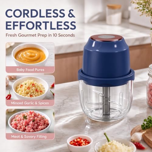 350ML Electric Garlic Meat Grinder, Wireless USB Rechargeable Food Chopper, 6-Blade High-Speed Chopper, Mini Convenient Kitchen Mixer for Garlic and Meat (Blue) - Image 2