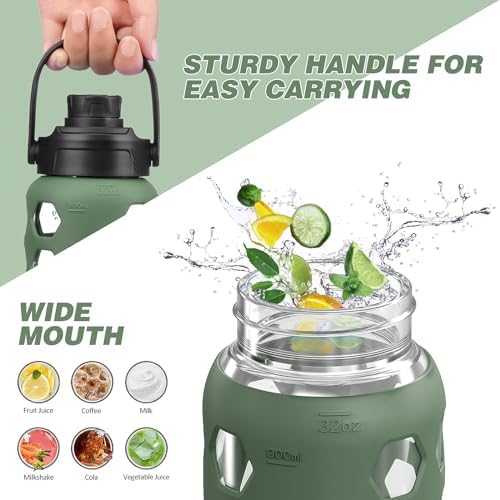 Glass Water Bottle, 32oz, Olive