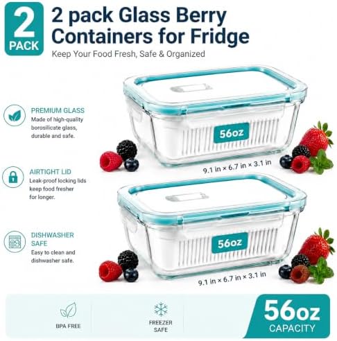2 Pack 56oz Glass Berry Container for Fridge,with Removable Colander and Vent Valve,Fresh Fruit and Vegetable Storage Set