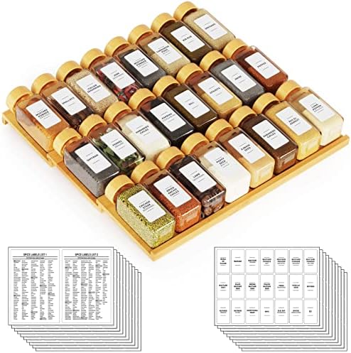 Bamboo Spice Drawer Organizer with 24 Spice Jars, 378 White Minimalist Spice Labels, 3 Tier Seasoning Rack Tray Insert for Kitchen Drawers, 15" Wide x 15" Deep x 2.6" Tall