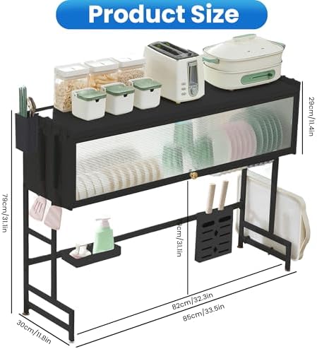 Dish Drying Rack, 3-Tier Over The Sink Dish Drying Rack, 33.5" Over Sink Dish Rack for Small Kitchen, Space-Saving Dish Rack with Cover, Baskets, Utensil, Large Sink Storage Organizer Black