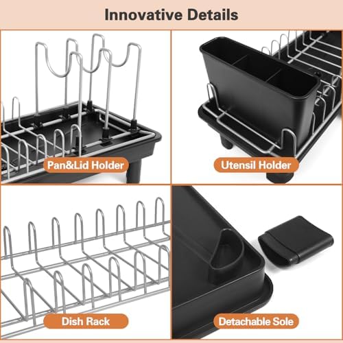 Small Dish Drying Rack for Countertop with Drain Tray & Utensil Holder