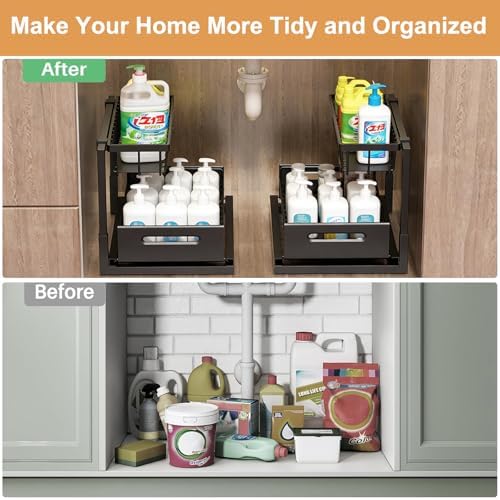 2 Pack Under Sink Organizer, Height Adjustable Pull Out Cabinet Shelf, Heavy Duty Metal Sliding Drawer, Rust-Resistant Storage for Kitchen Bathroom Pantry, Fits Tall Bottles & Plumbing P-Traps