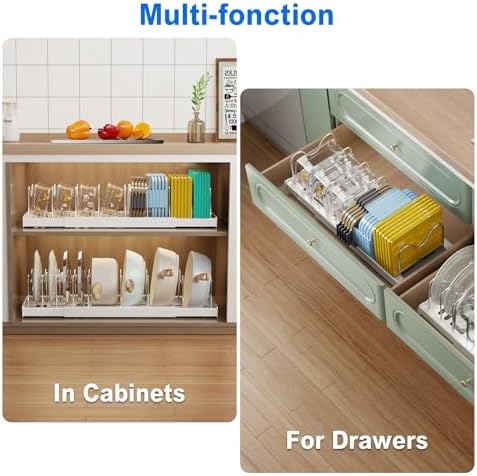 2 Pack Pots and Pans Organizer Under Cabinet, 22" Expandable Food Storage Container Lid Organizers with 9 Adjustable Dividers Pot and Pan Lid Holders Rack Inside Cabinet/Countertop(White)