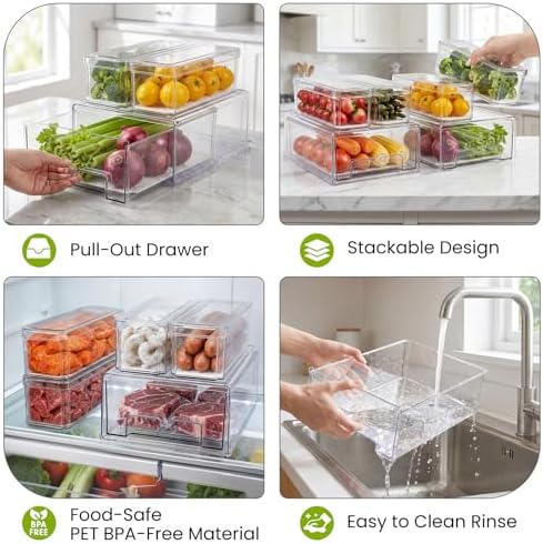 6Pack Fridge Organizers and Storage with Drain Trays,BPA-Free PET,Stackable