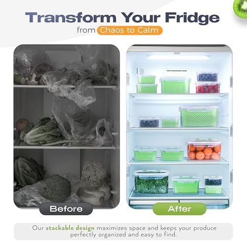 Fruit Storage Containers for Fridge - Set of 4 - Airtight Lid Keeps Fresh - For Fruit & Vegetable Storage - Space-Saving Design - Ideal for Produce, Berries, Snacks - Green