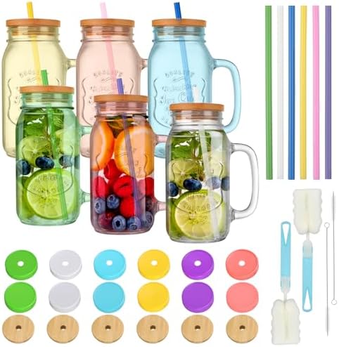 Mason Jars with Handle Colorful Drinking Glasses with Lids Straws