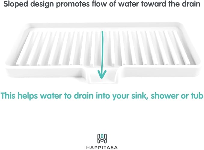 Silicone Soap Dish Tray and Sponge Holder with Drain Chute, Rectangular, Kitchen and Bathroom Sink Organizer (White, 9"x3.5")