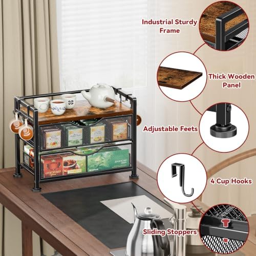 3 Tiers Tea Bag Organizer for Countertop - Wood Teabag Holder with Drawers