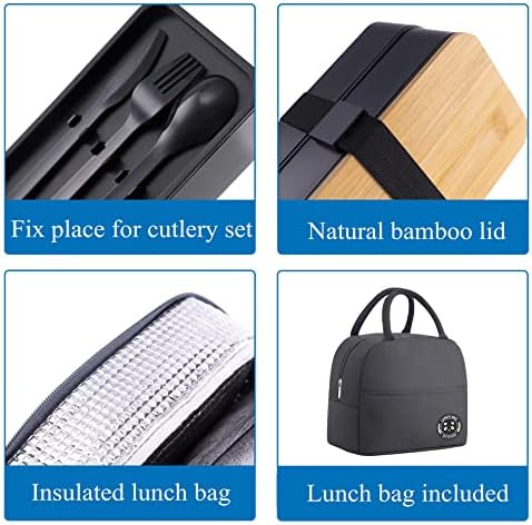 Japanese Bamboo Bento Box with Compartments and Utensils Stackable Lunch Box Includes Lunch Bag for Meal Prep Black