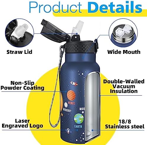 Kids Water Bottle with Straw Lid - Insulated Stainless Steel Reusable Tumbler for Girls,Boys,Thermo Mug,17oz,Space Planet