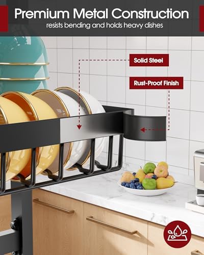Over The Sink Dish Drying Rack - Adjustable 3 Tier XX-Large Capacity Stainless Steel Drainer with Cutlery & Utensil Holders, Kitchen Storage & Organization, 31.5"-39.5"L x 12"W x 30.5"H, Black
