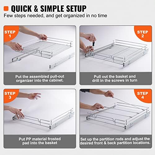 15.5" Wx21 Dx3.5 H Pull Out Cabinet Organizer, Heavy Duty Slide Out Pantry Shelves, Chrome-Plated Steel Roll Out Drawers, Storage for Home Under Sink, 17" Wx22 Dx7 H Install Size for Cabinet