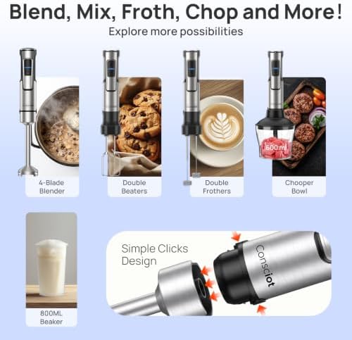 5-in-1 Immersion Blender Handheld Max 1100W, 21-Speed & Turbo Mode