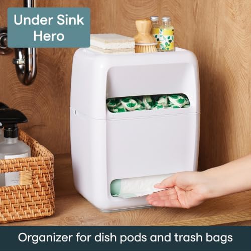 SinkSuite Bag & Pod Dispenser, Standing Garbage Bag and Dishwasher Pod Organizer with Removable Lids for Storage, Speckled White