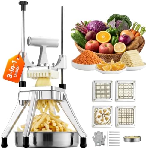 Commercial Vegetable Fruit Chopper, Stainless Steel French Fry Cutter w/ 4 Blades 1/4" 3/8" 1/2", Vegetable Chopper Dicer w/Stainless Bowl, Heavy Duty Cutter for Potato Tomato Onion Mushroom