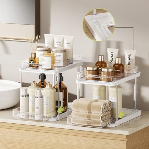 2-Tier Bathroom Under Sink Organizers and Storage, Pull Out Cabinet Drawers with Anti-Slip Design, Multi-Purpose Storage for Kitchen, Pantry, Bathroom & Home Organization, White, 4 Pack