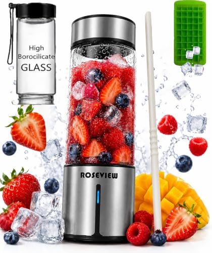 Portable Smoothie blender ROSEVIEW Glass bottle USB rechargeable mini Handheld Ice Shakes Cup 2 blend juicer Cordless Personal smoothies maker Fruit mixer by BlendingDrinkingSmoothiesinaGlassBottle