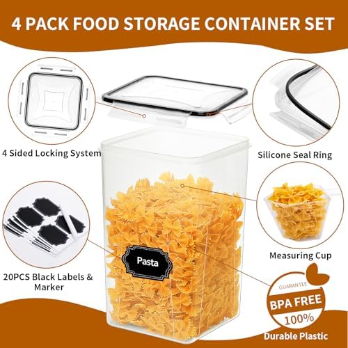 4 Pack Extra Large Airtight Food Storage Containers with Lids (6.5L / 220 oz), BPA Free Plastic Kitchen and Pantry Organization Contianers for Cereal Flour and Sugar Storage, Labels & Marker