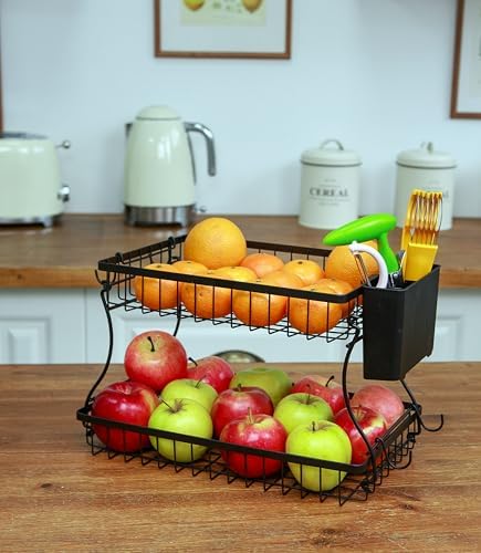 2 Tier Fruit Basket with Banana Hanger & Utensil Pocket – Metal Kitchen Counter Organizer for Fruits, Vegetables, Bread & Snacks + 3 Tools (Apple Corer, Banana Slicer, Peeler) – Perfect for Kitchen