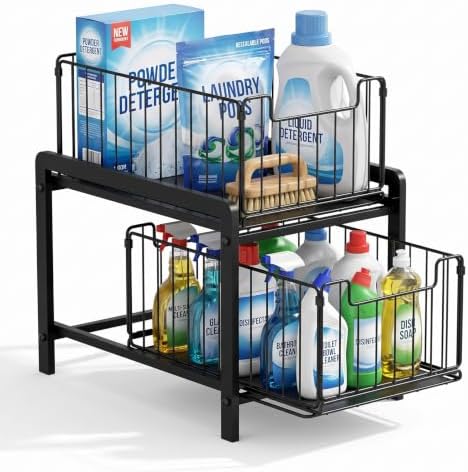 2 Tier Black Under Sink Organzier With Sliding Drawer