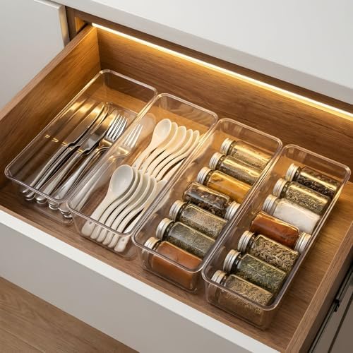 4 Clear Pantry Organizer Bins for Kitchen Drawer, Refrigerator