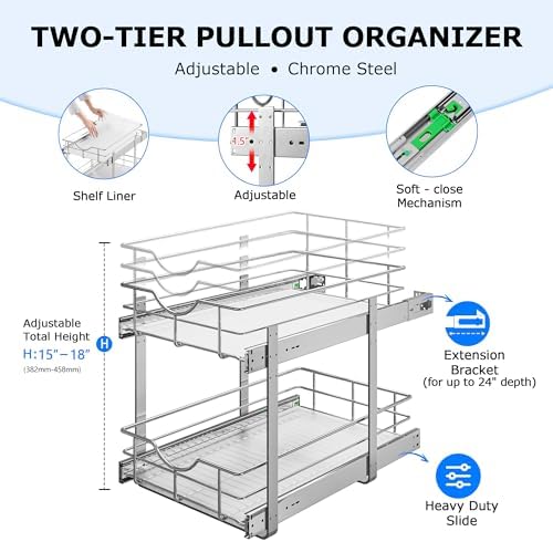 2-Tier Kitchen Cabinet Pullout Shelf and Drawer Organizer, Soft Close Pantry Pull Out Shelves, Heavy Duty Pull Out Cabinet Organizer with Shelf Liner for Kitchen Cabinets, Pantry Storage