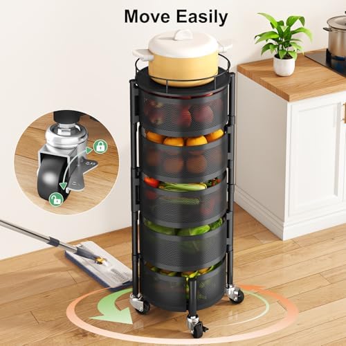 5 Tier Fruit Vegetable Basket Stand for Kitchen, Rotating, Black