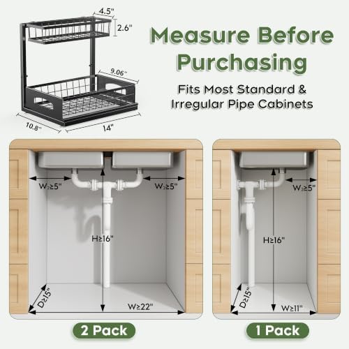 Under Sink Organizer, 2-Pack L-Shaped Metal Pull-Out Drawers for Kitchen