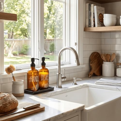Soap Dispenser Set with Ceramic Tray, Amber & Black