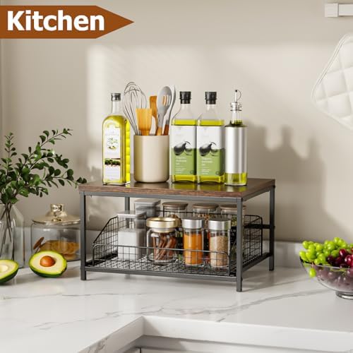 Pull Out Spice Rack Organizer for Cabinet,Rustic Wood Top with Wire Basket Storage,Kitchen Countertop Organizer and Storage for Pantry, Counter top,Coffee Station Wood. (Brown)