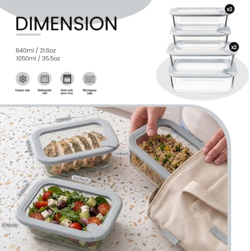 Glass Food Storage Containers with Glass Silicone Lids,22/35oz,Grey