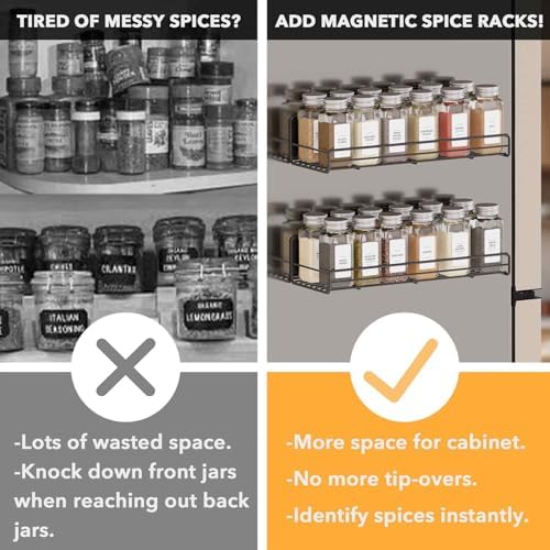2 Pack Magnetic Spice Rack with 24 Spice Jars, 400 Labels and Funnel, Space Saving Refrigerator Fridge Oven Shelf Organizer