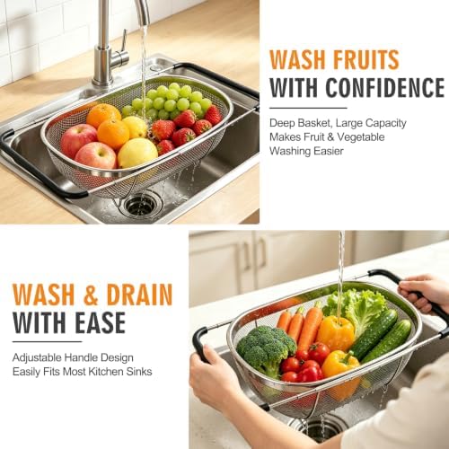 Over the Sink Colander, Stainless Steel Fine Mesh, 6 Quart 2 Pack