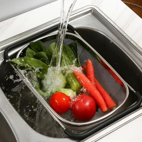 Over The Sink Colander, Stainless Steel Fine Mesh Expandable Colander, Sink Colander for Kitchen, 6-Quart Expandable Strainer Over The Sink for Straining, Draining, Rinsing Fruits And Vegetables