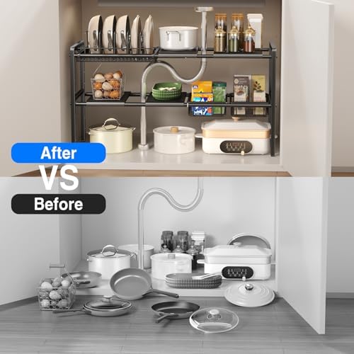Pots and Pans Organizer Under Cabinet, Expandable 2 Tier Under Sink Organizers Storage Adjustable Height Kitchen Pot and Pan Lid Holder Rack with 6 Dividers(4panels,2baskets,1 Pot rack,Black)