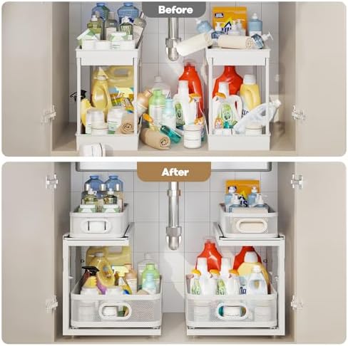 2 Pack Under Sink Organizer With Next-Gen Ball-Bearing Slides,2-Tier Precision Mesh Pull Out Cabinet Drawers Storage for Bathroom&Kitchen,Height Adjustable Shelf,Rust-resistant-Patent Pending