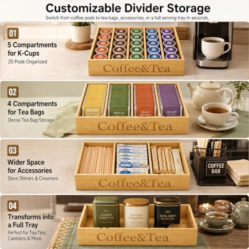 Premium Bamboo Coffee Station & Tea Bag Organizer Box -7 Adjustable Slots with Removable Dividers, Silicone Non-Slip Pads - Eco-Friendly Countertop & Drawer Storage for K-Cups, Office Breakroom