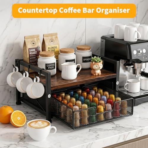 Tea Bag Coffee Bar Organizer,Teabag Holder & Coffee Station with Storage Drawer,Wood Tea Station Chest Display Container Box for Countertop Kitchen (Rustic Brown)