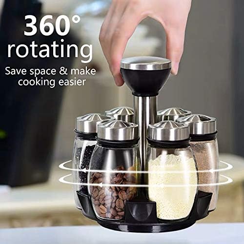 6-Jar Revolving Spice Rack Organizer Holder, Kitchen Countertop Seasoning Stand Organizer Include 6 Glass Jar Bottles, Great Gift For Chefs & Foodies (Spices Not Included)