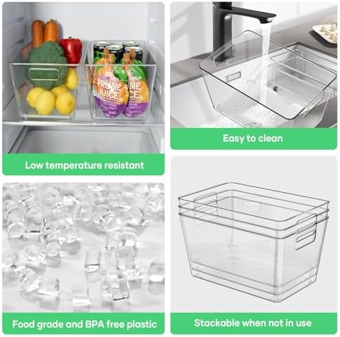 6 Pack Clear Plastic Storage Bins with Handles, 11" Pantry Organizers, BPA-Free