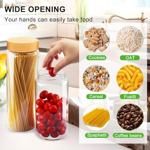 Airtight Glass Jar with Lid, Glass Storage Containers with Screw On Bamboo Lids, for Cookie, Pasta, Cereal Storage Containers, 5Pcs 80oz 50oz 27oz Canisters Sets for the Kitchen