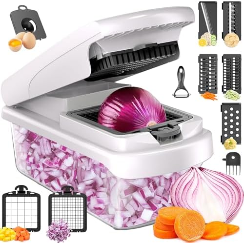 15-in-1 Vegetable Chopper, 7 Blade Multifunctional Food Chopper with Container, Chopper Veggie Cutter for Salad Potato Carrot Garlic, Home Kitchen Essential (White, 15 in 1) by BSFRNF
